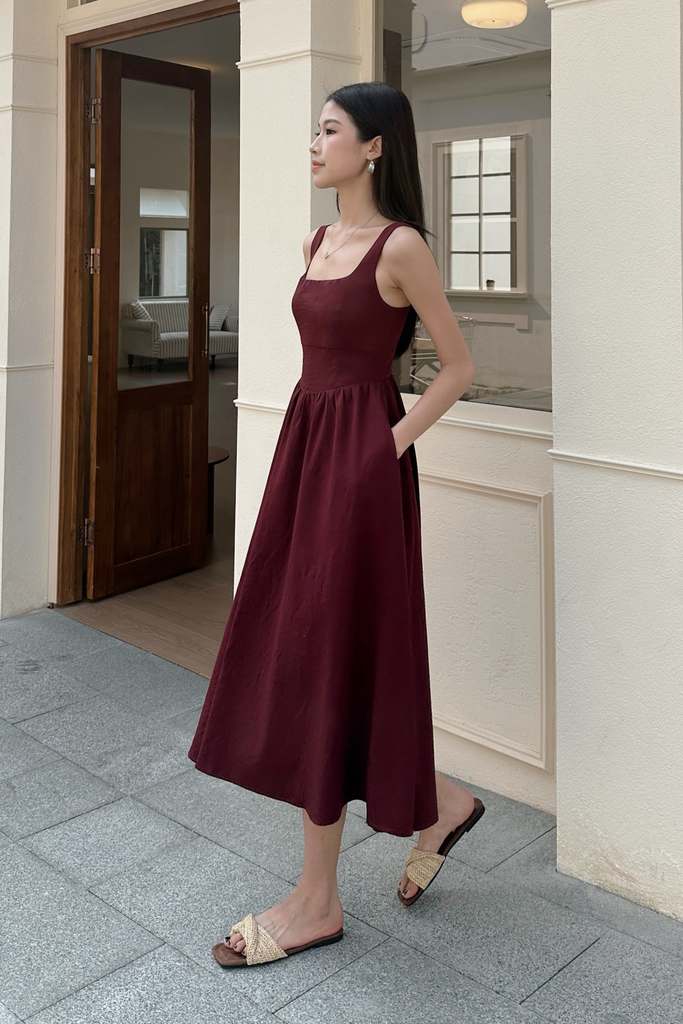 Georgia Square Neck Midaxi Dress Burgundy – Hollyhoque