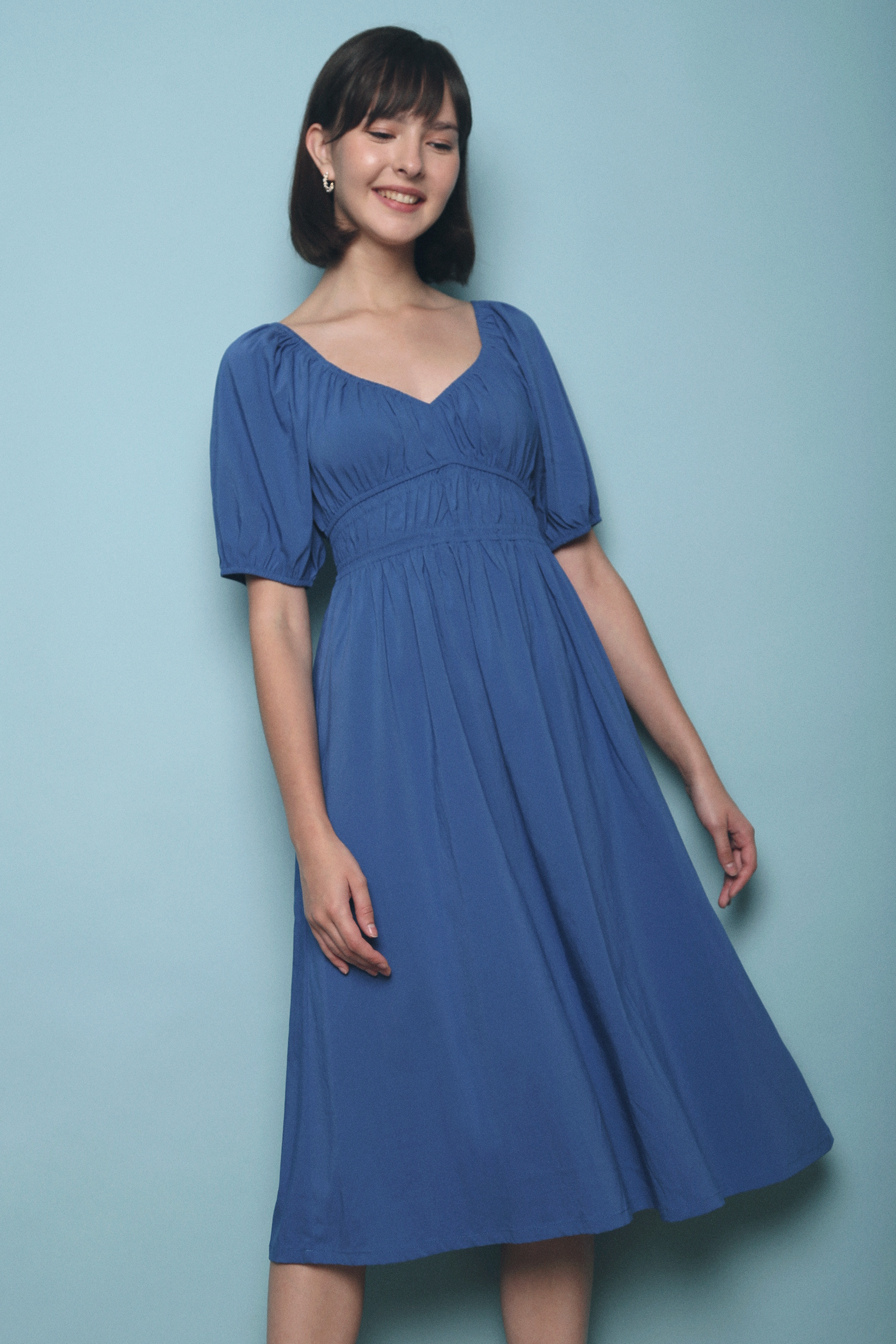 Jocena Shirred Waist Midi Dress Blue