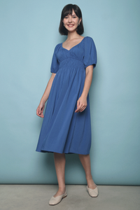 Jocena Shirred Waist Midi Dress Blue