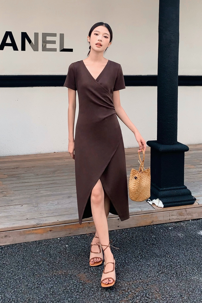 Velveteen Wrap Midi Dress Brown – Hollyhoque
