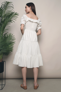 Dahliah Puffed Sleeves Midi Dress White