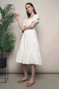 Dahliah Puffed Sleeves Midi Dress White