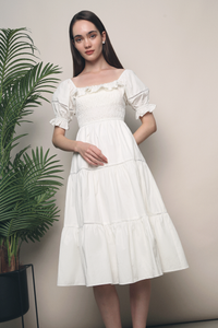 Dahliah Puffed Sleeves Midi Dress White