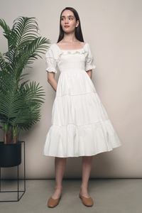 Dahliah Puffed Sleeves Midi Dress White