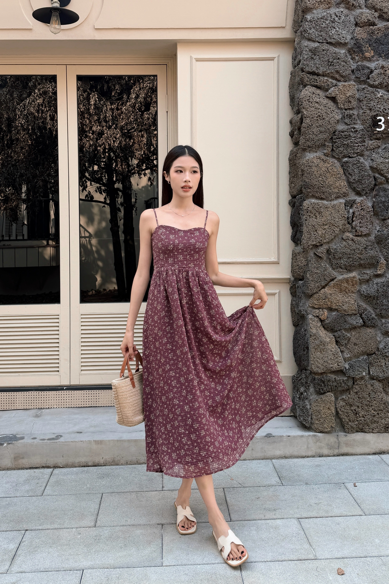 Misty Bloom Strappy Midi Dress Maroon