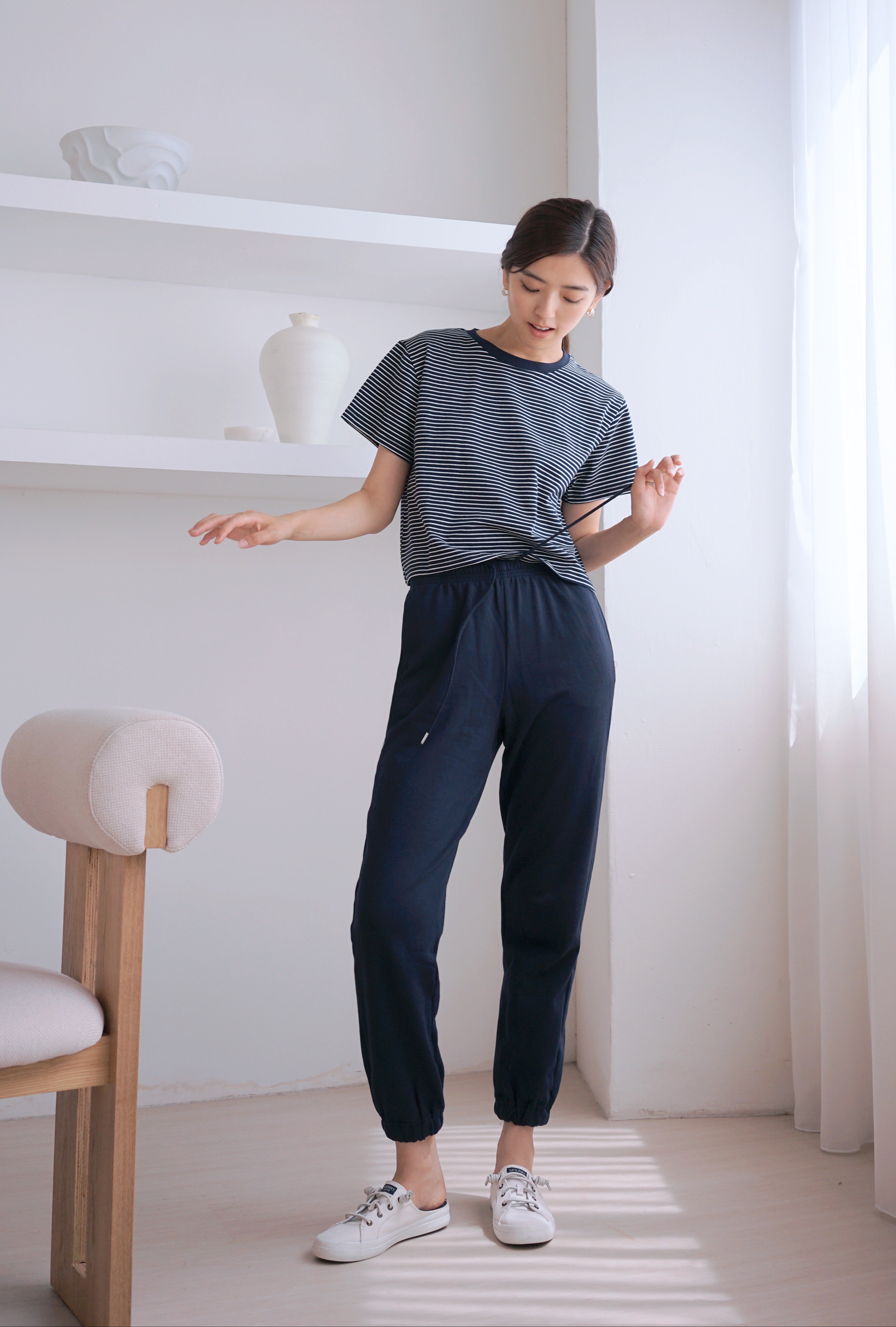 Dennis Striped Cropped Tee Navy