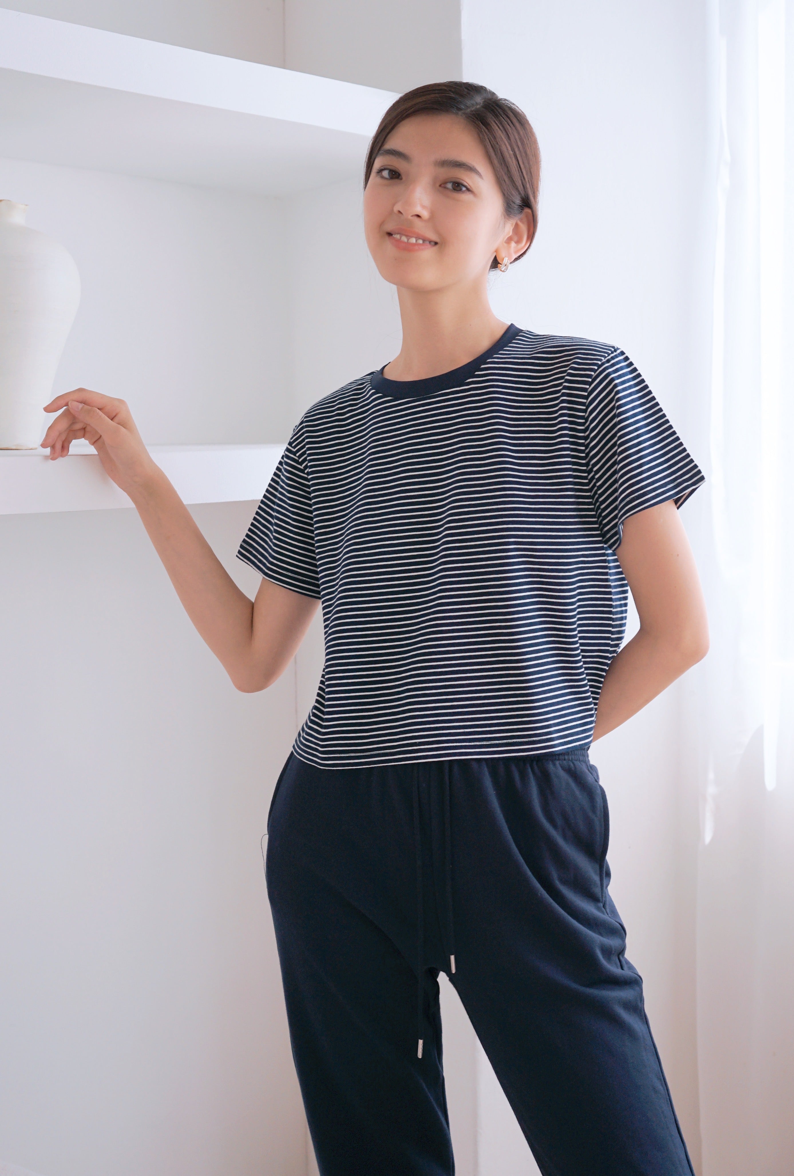 Dennis Striped Cropped Tee Navy