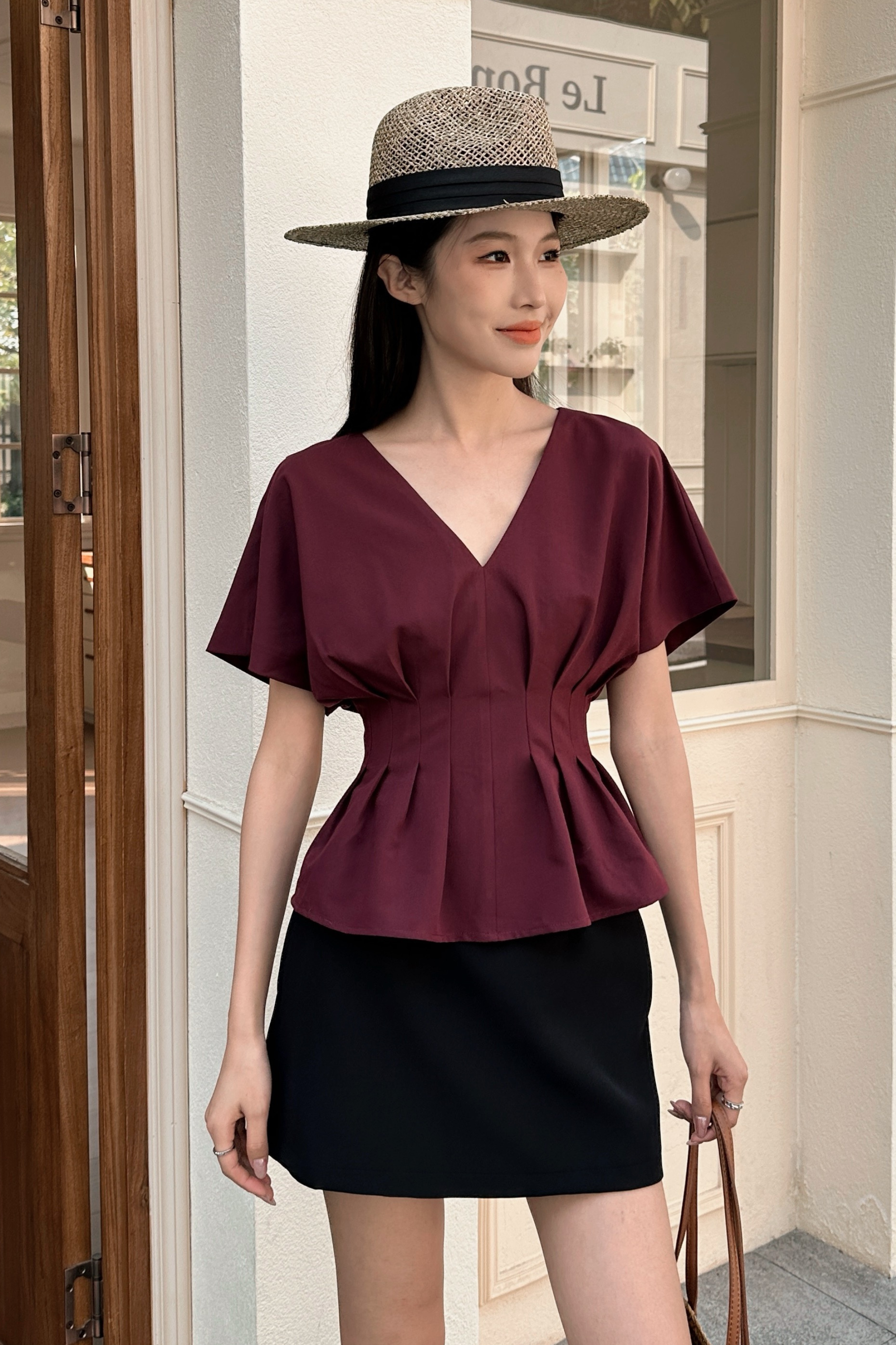Aiko Pleat Kimono Top Burgundy
