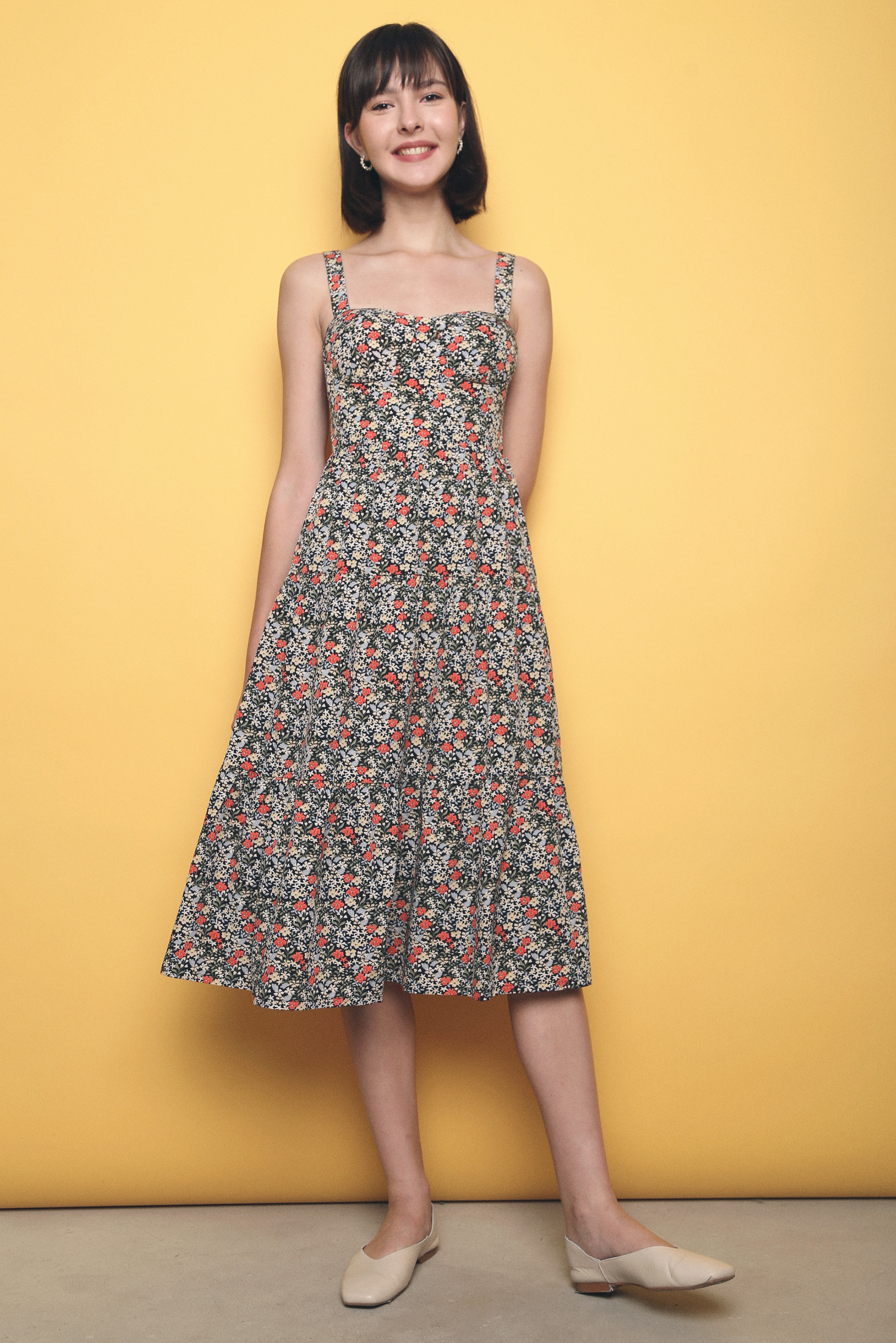 Andrina Floral Bustier Midi Dress Black Hollyhoque