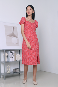 Avie Sweetheart Printed Midi Dress Red