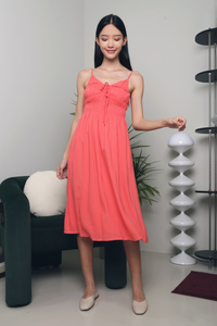 Becks Ruched Strappy Midi Dress Coral