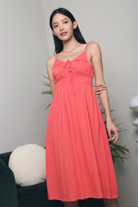 Becks Ruched Strappy Midi Dress Coral