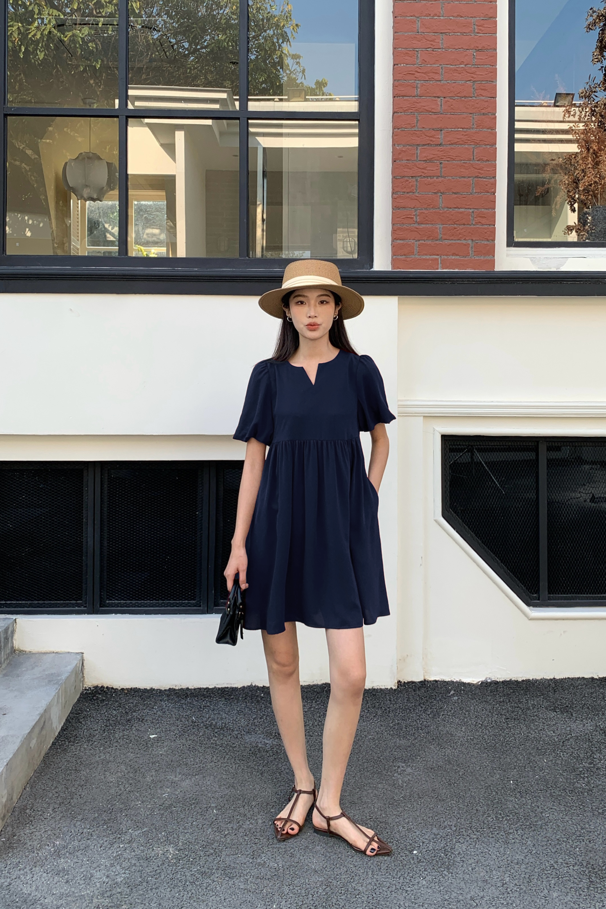 Bella Bubble Sleeves Babydoll Dress Midnight Navy