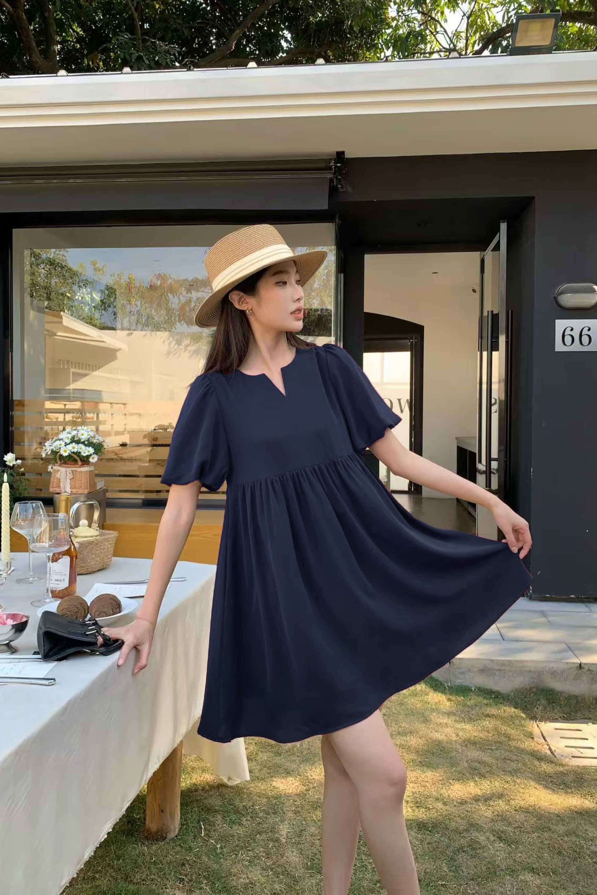 Bella Bubble Sleeves Babydoll Dress Midnight Navy