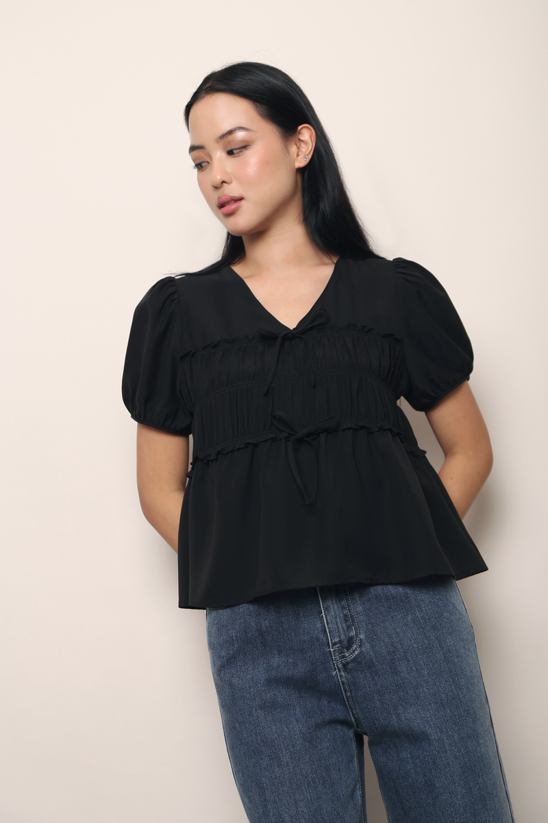 Breeze Ruche Babydoll Top Black