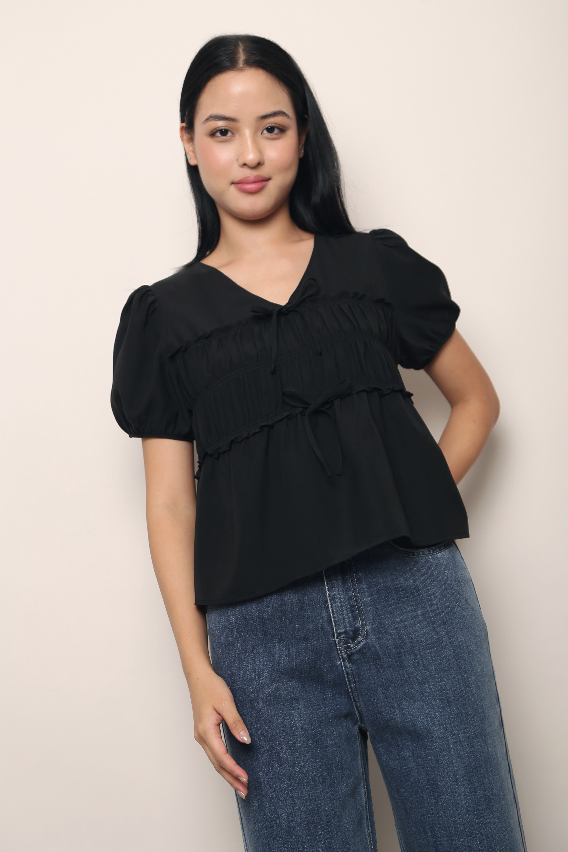 Breeze Ruche Babydoll Top Black