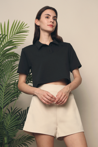 Brie Cropped Polo Tee Black