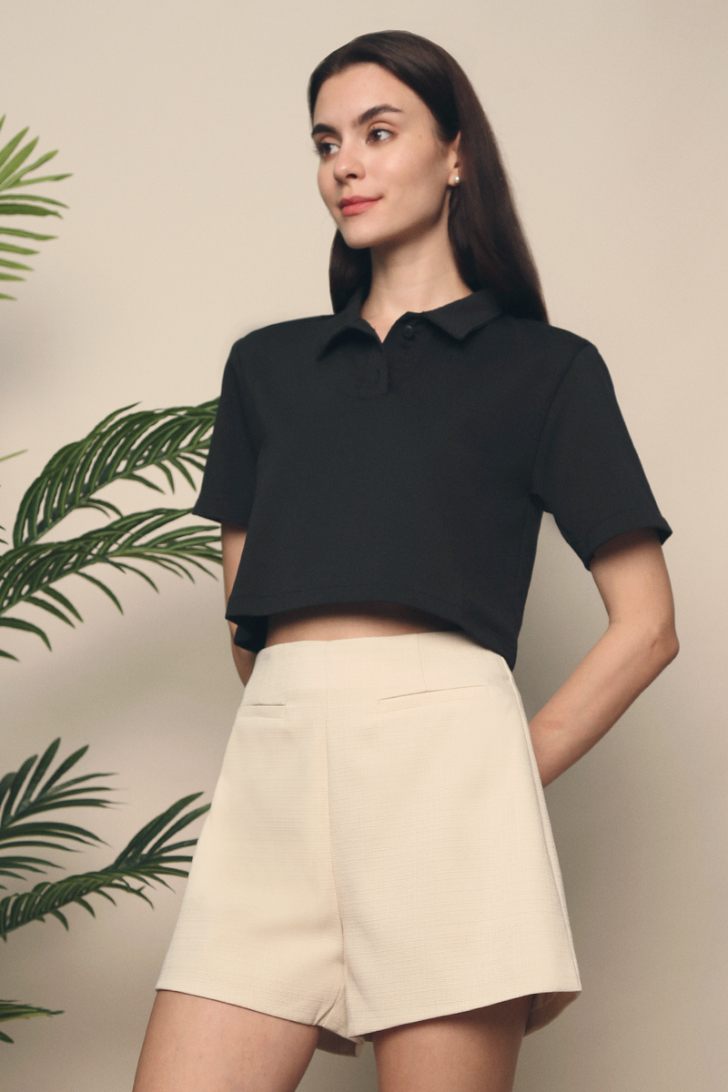 Brie Cropped Polo Tee Black