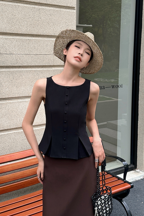 Buttoned and Beloved Vest Top Black