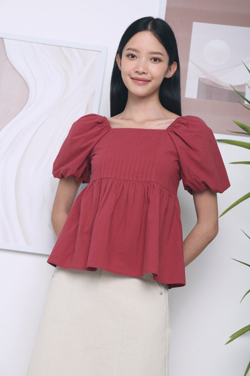 Charlotte Pleated Babydoll Blouse Red