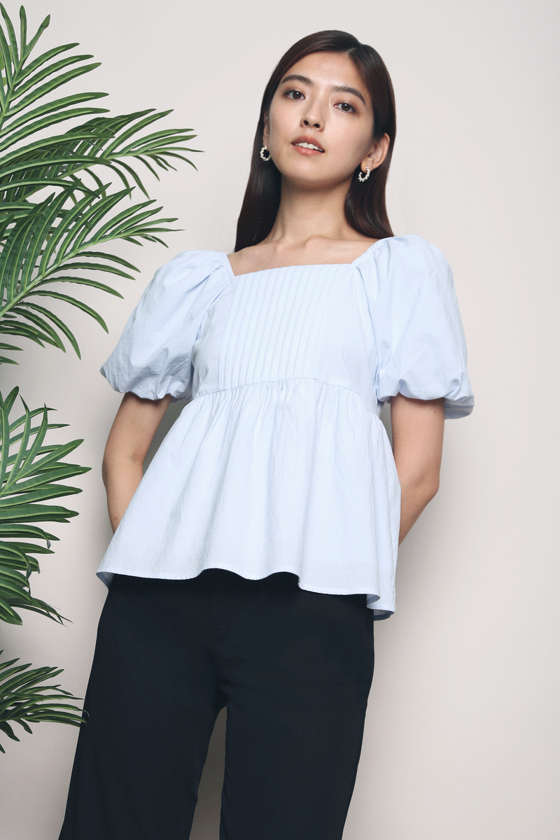 Charlotte Pleated Babydoll Top Sky