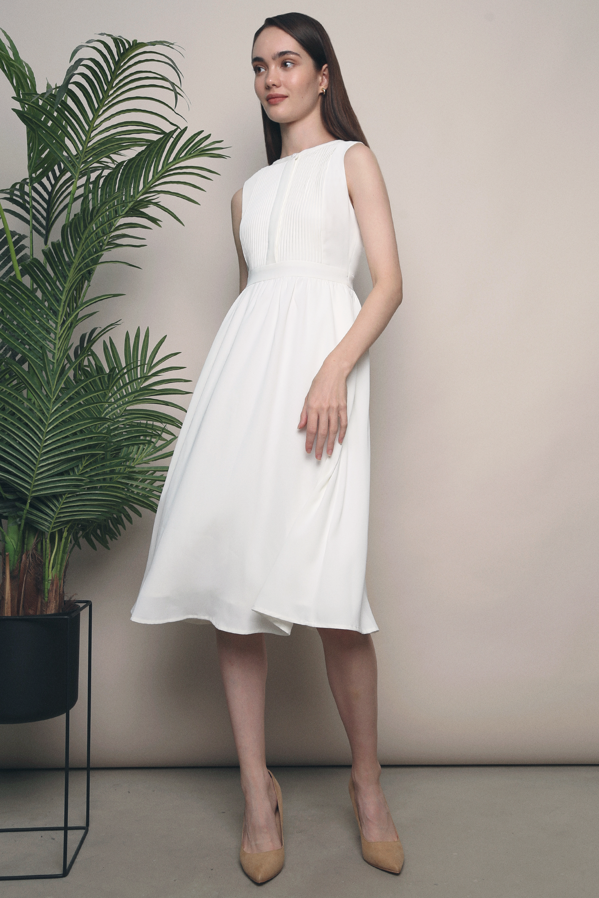 Clementine Pressed Pleat Midi Dress White