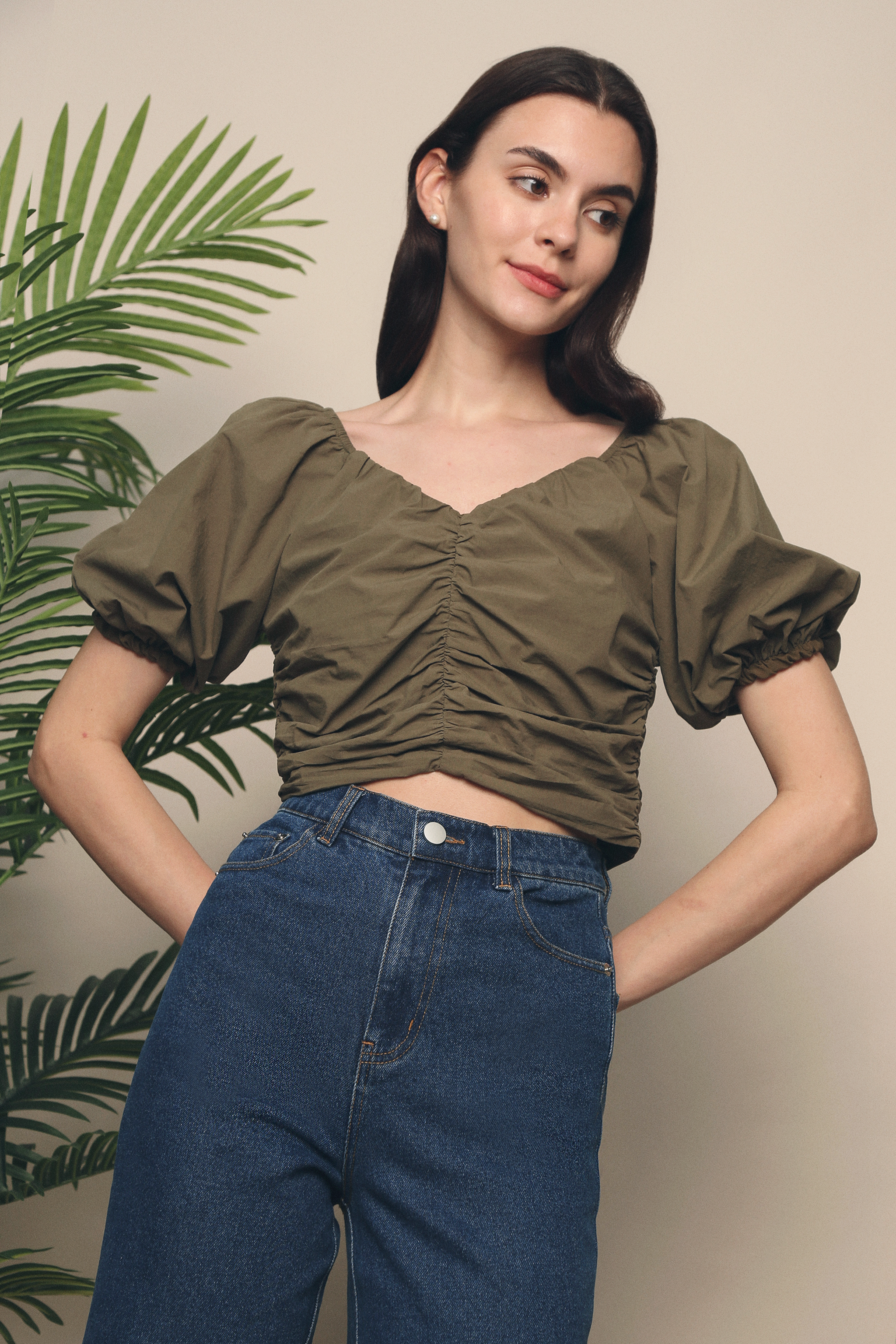 Clooney Ruche Cropped Blouse Olive