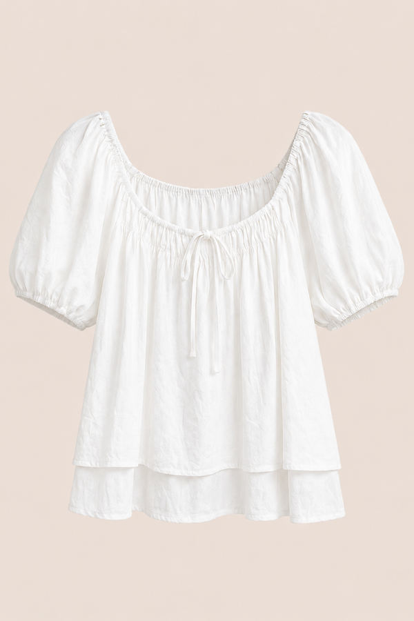 Cloud Line Puff Sleeves Top White