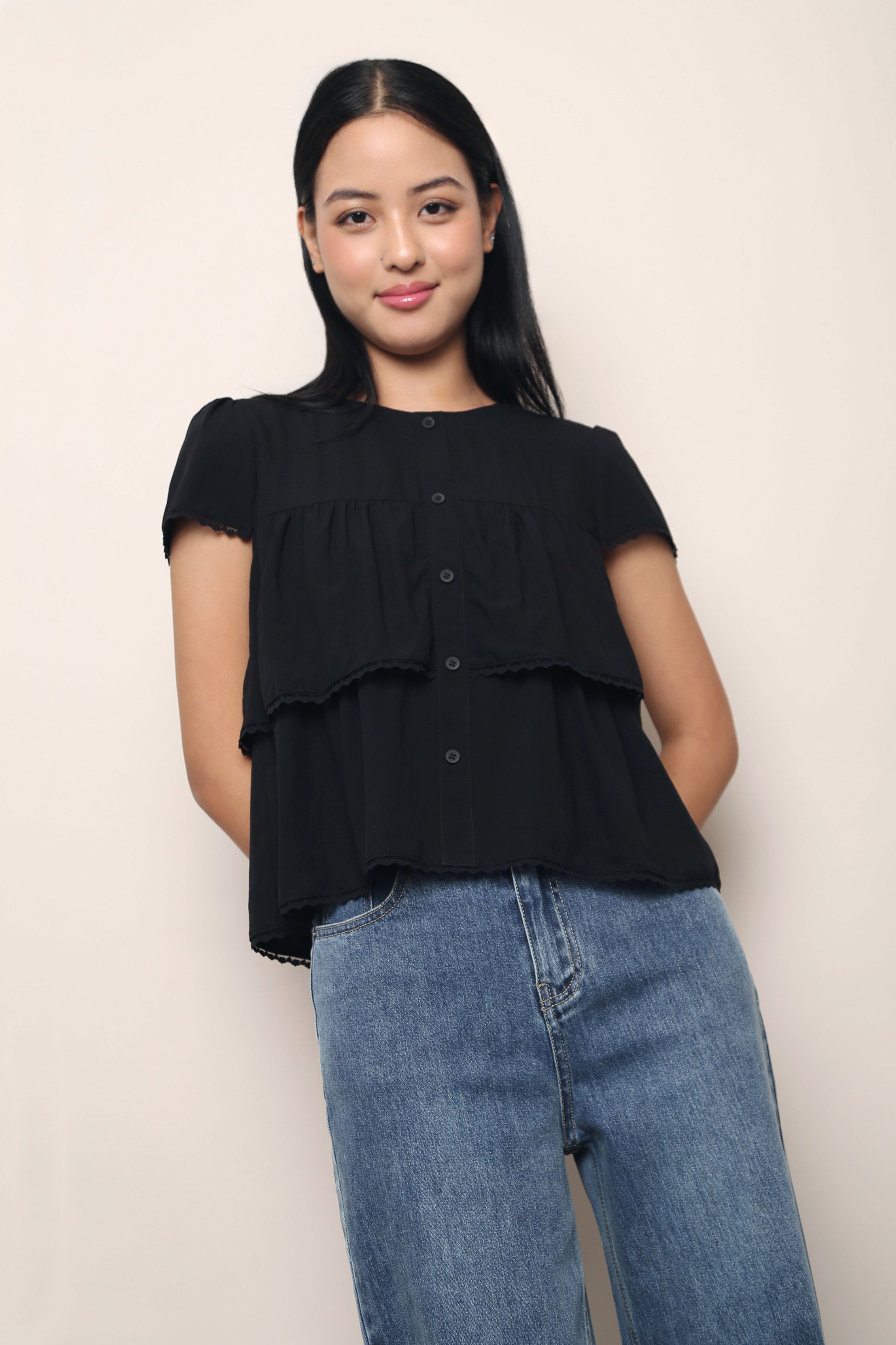 Colleen Lace Trim Blouse Black