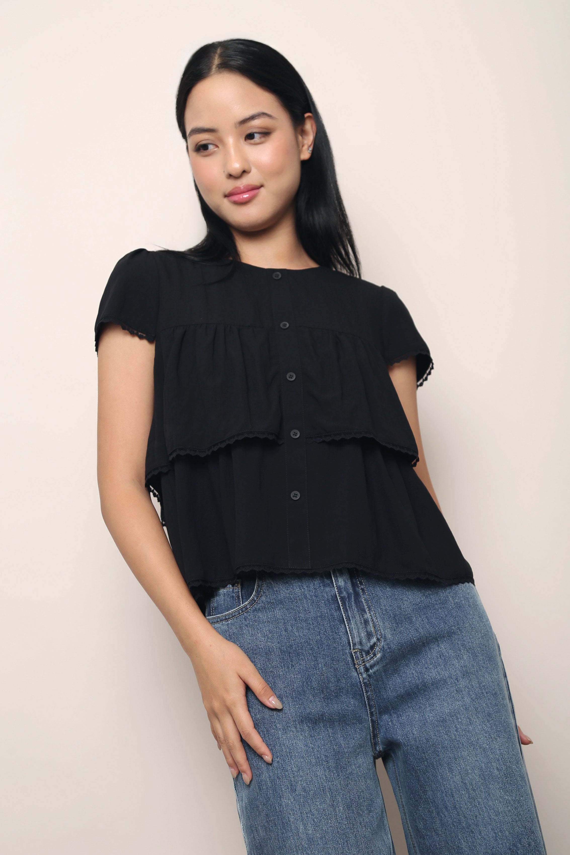 Colleen Lace Trim Blouse Black