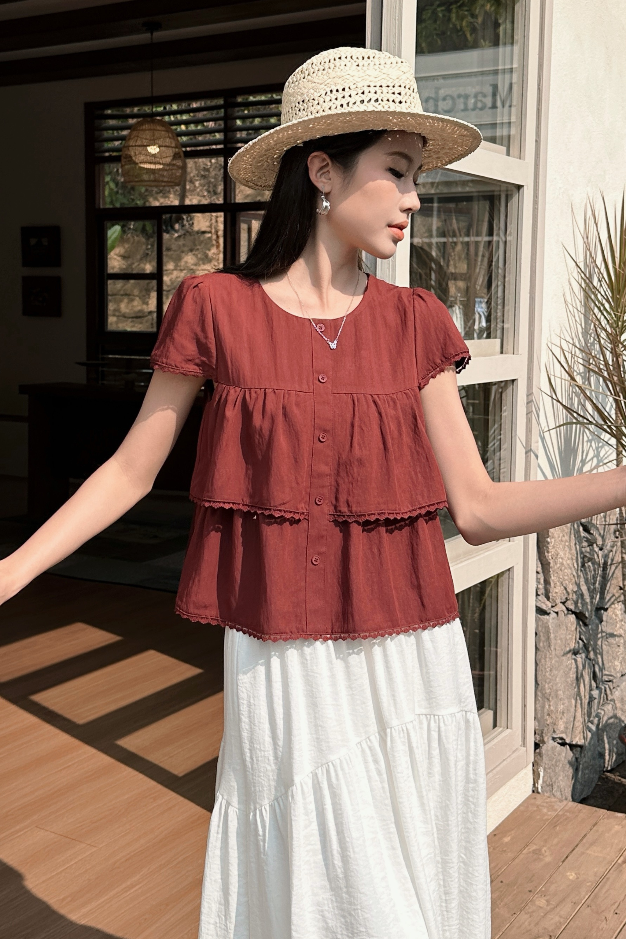 Colleen Lace Trim Blouse Burgundy