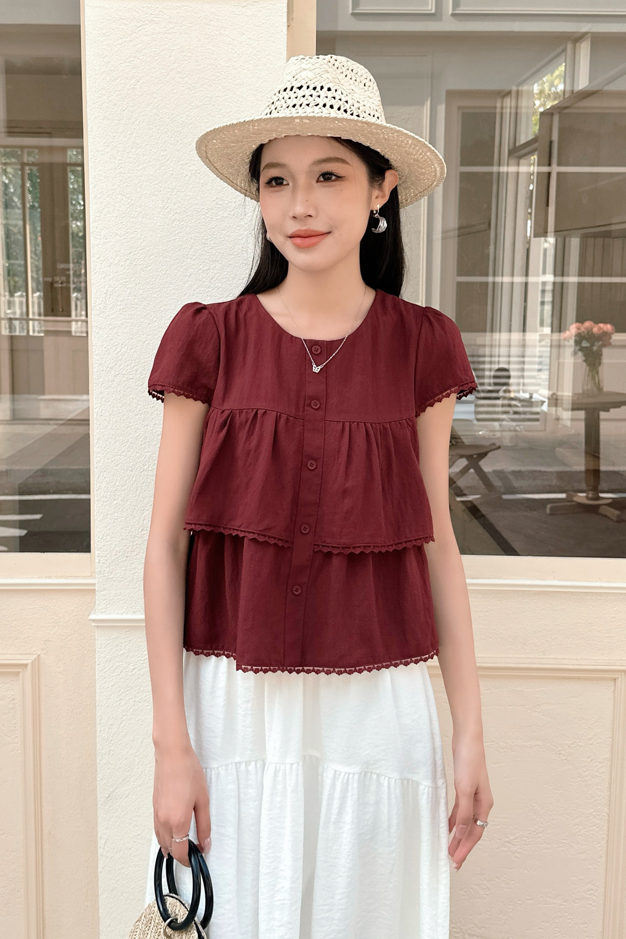 Colleen Lace Trim Blouse Burgundy