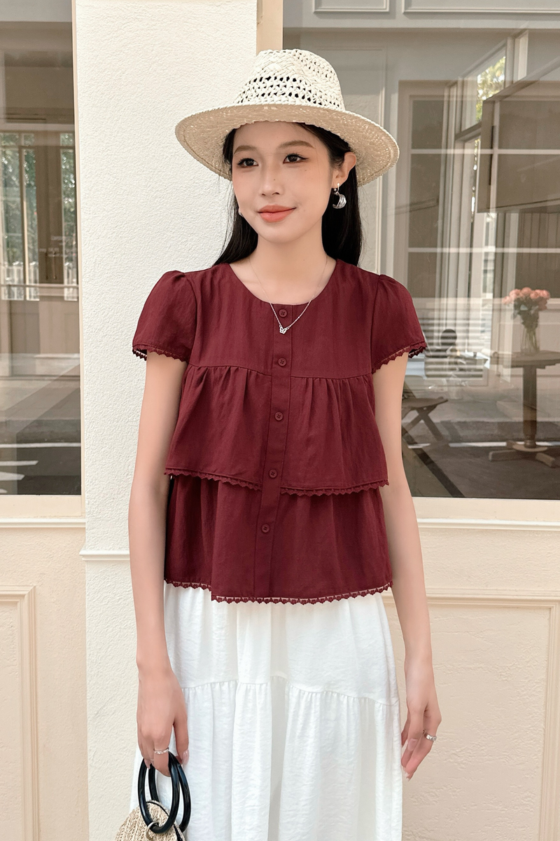 Colleen Lace Trim Blouse Burgundy
