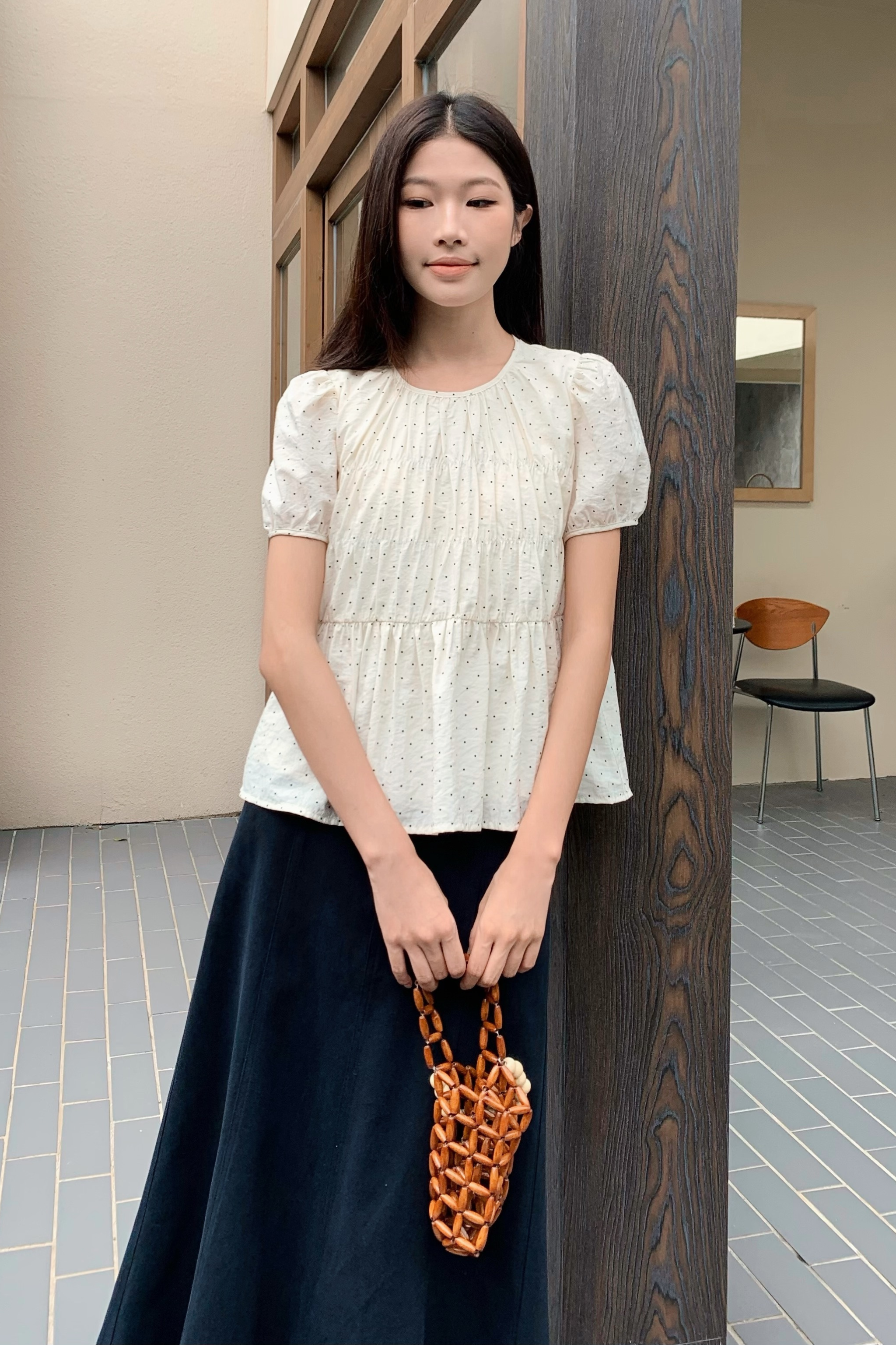 Dotty Days Flare Blouse Ivory