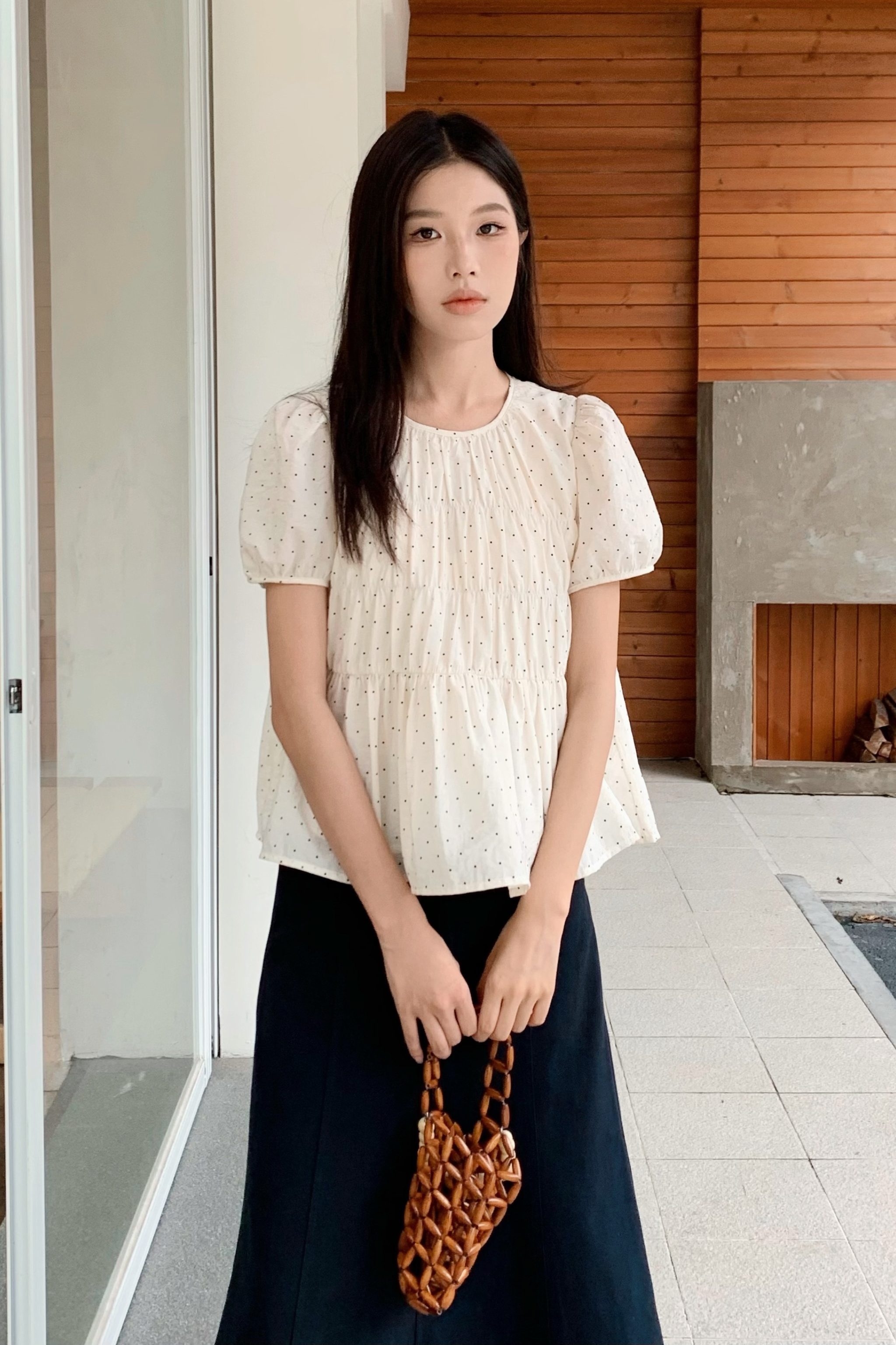 Dotty Days Flare Blouse Ivory
