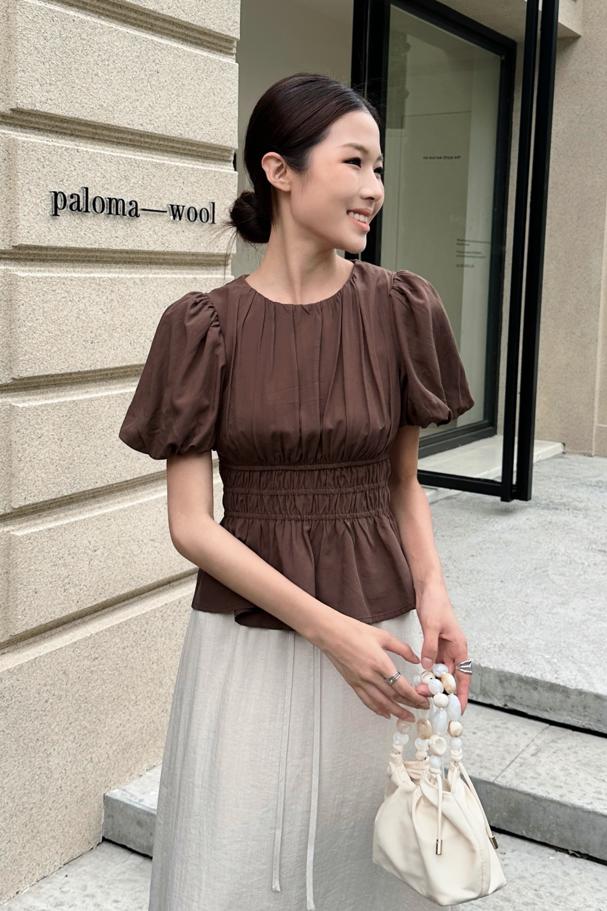 Eastside Poof Sleeves Top Brown
