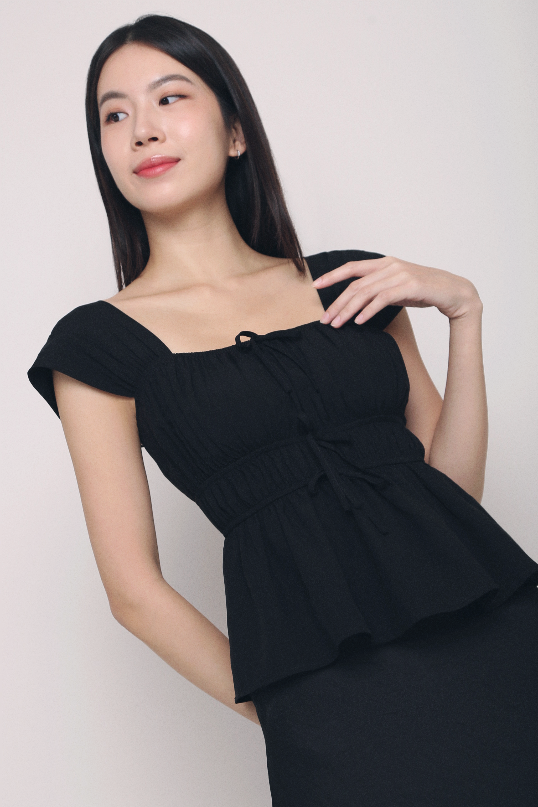 Erin Ribbon Fan Sleeves Blouse Black