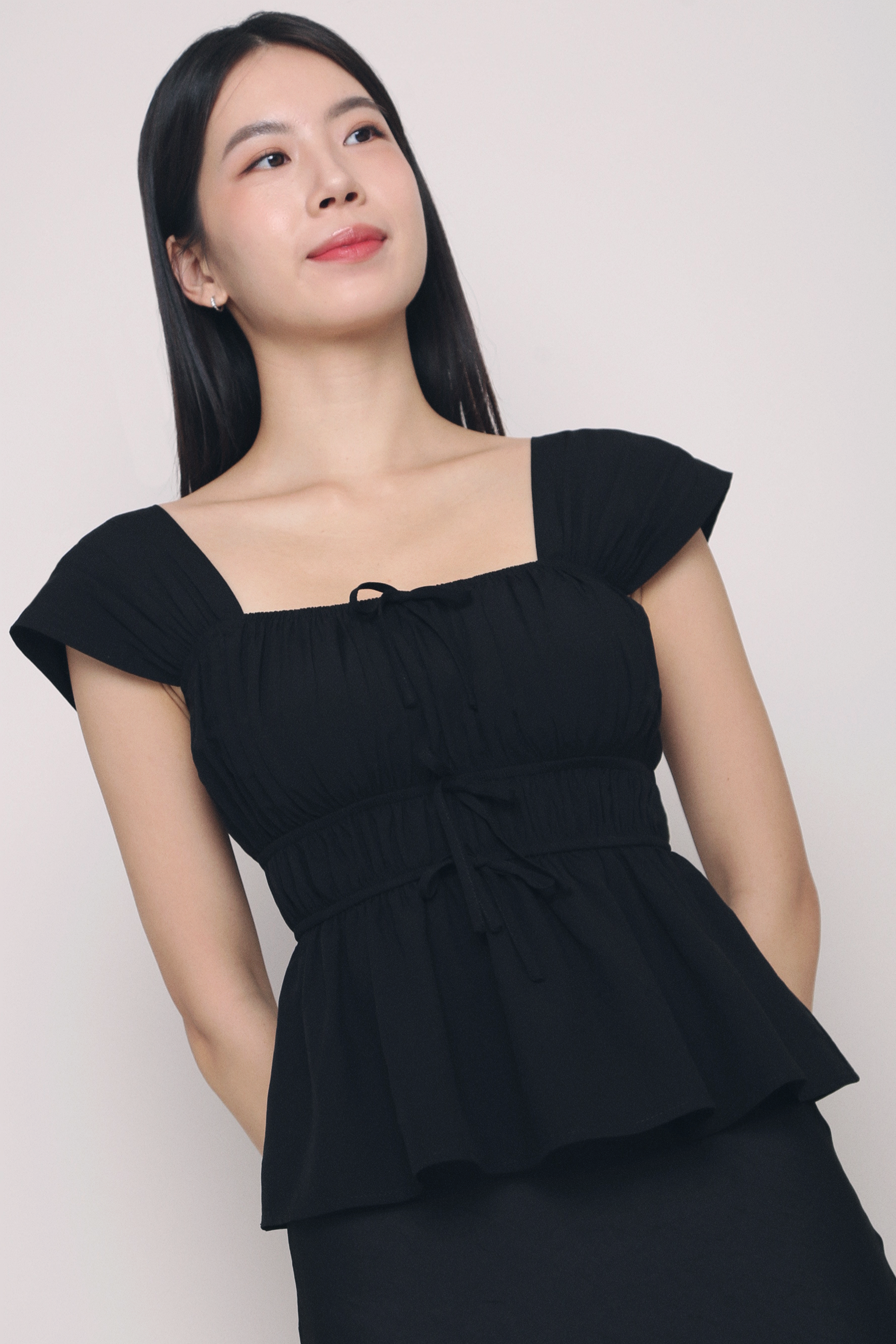 Erin Ribbon Fan Sleeves Blouse Black