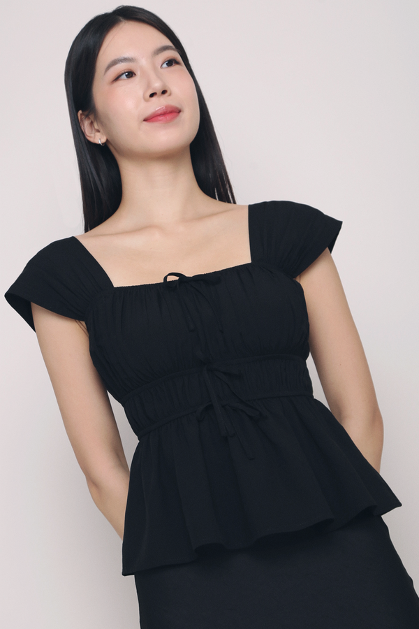 Erin Ribbon Fan Sleeves Blouse Black