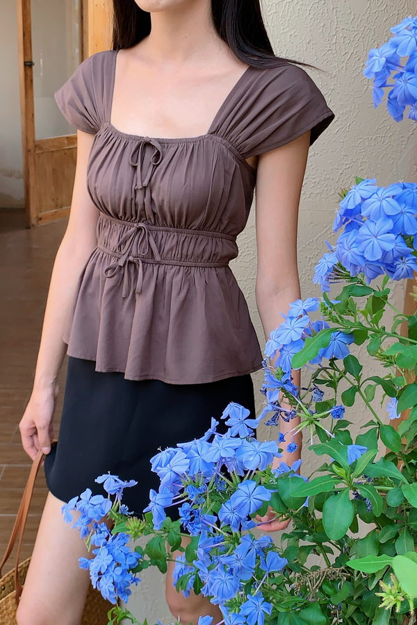 Erin Ribbon Fan Sleeves Blouse Chestnut Brown (Backorder)