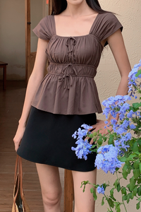 Erin Ribbon Fan Sleeves Blouse Chestnut Brown (Backorder)