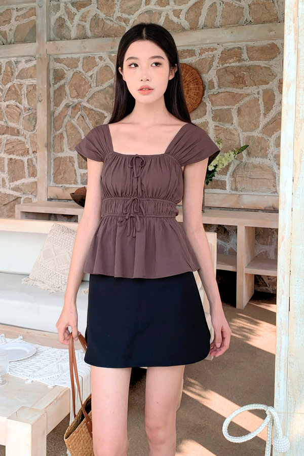 Erin Ribbon Fan Sleeves Blouse Chestnut Brown (Backorder)