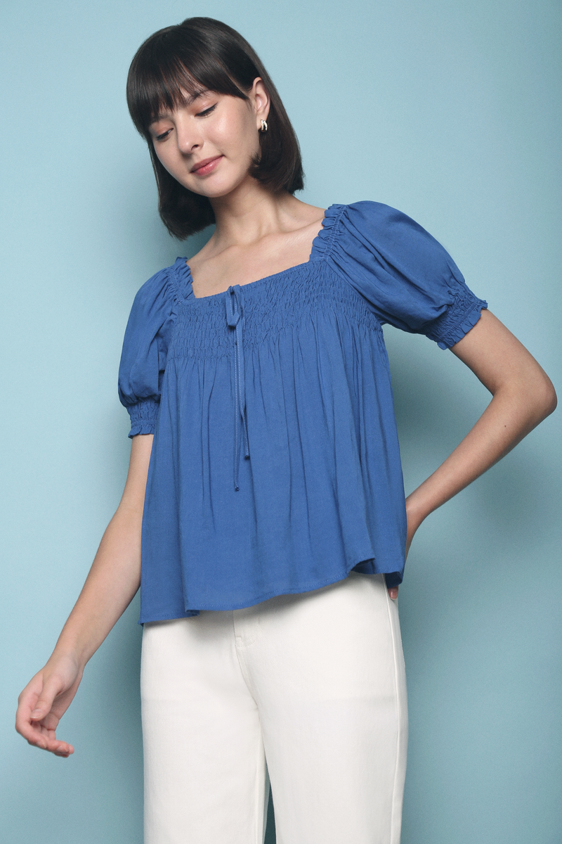 Eugenia Smocked Babydoll Top Blue Hollyhoque