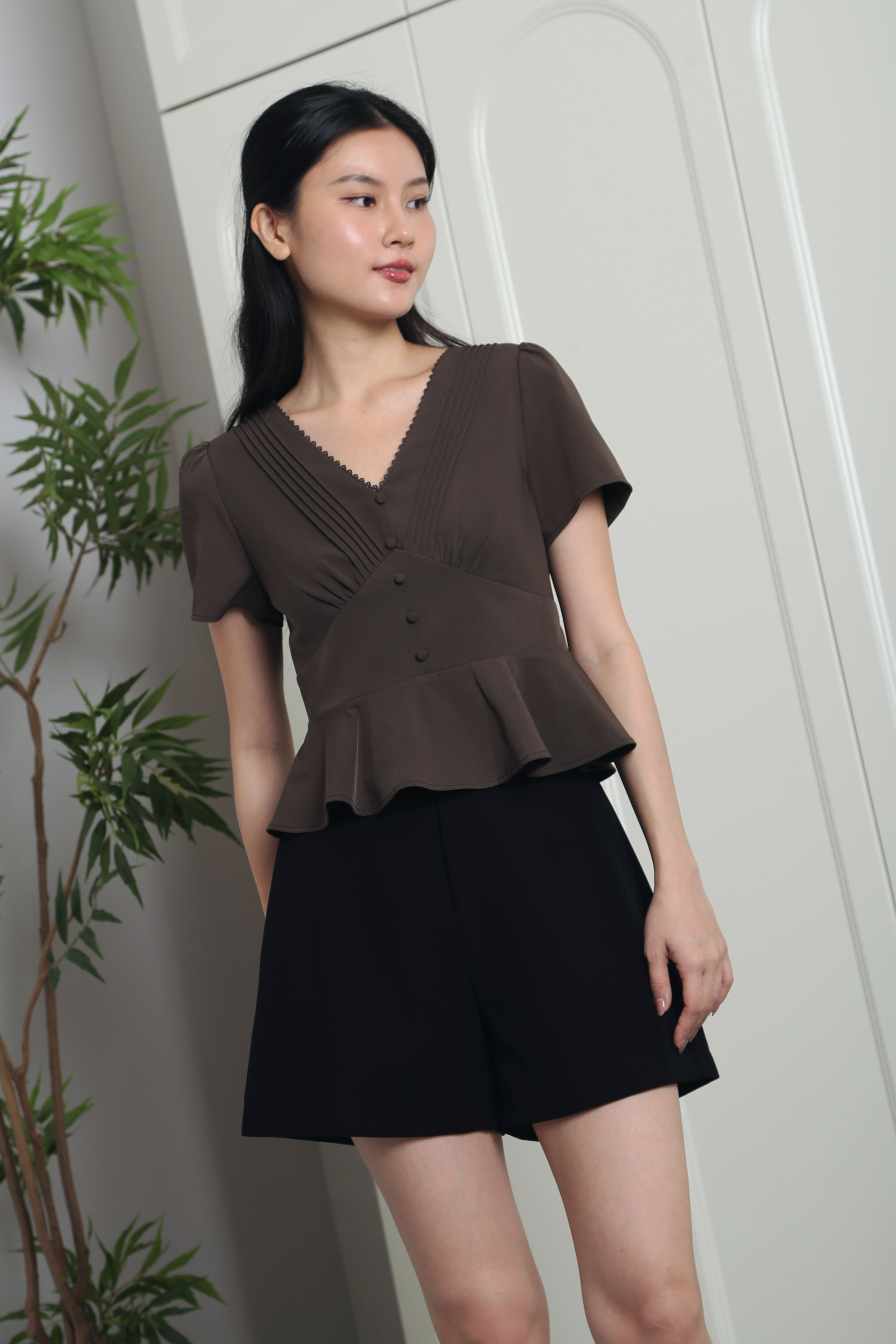Everlyne Pleated Shift Blouse Brown (Restock)