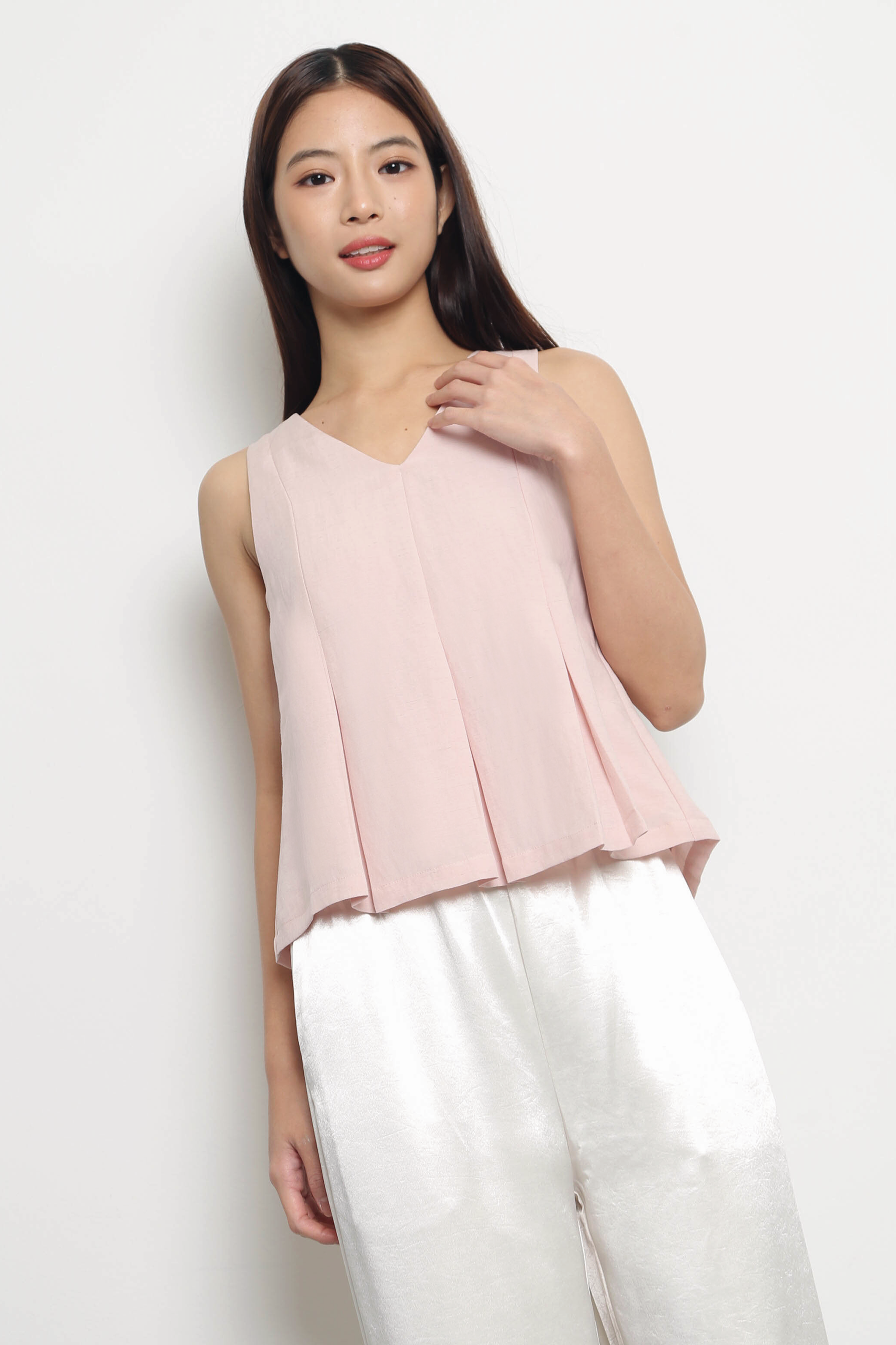 Fable V Neck Pleat Blouse Pink