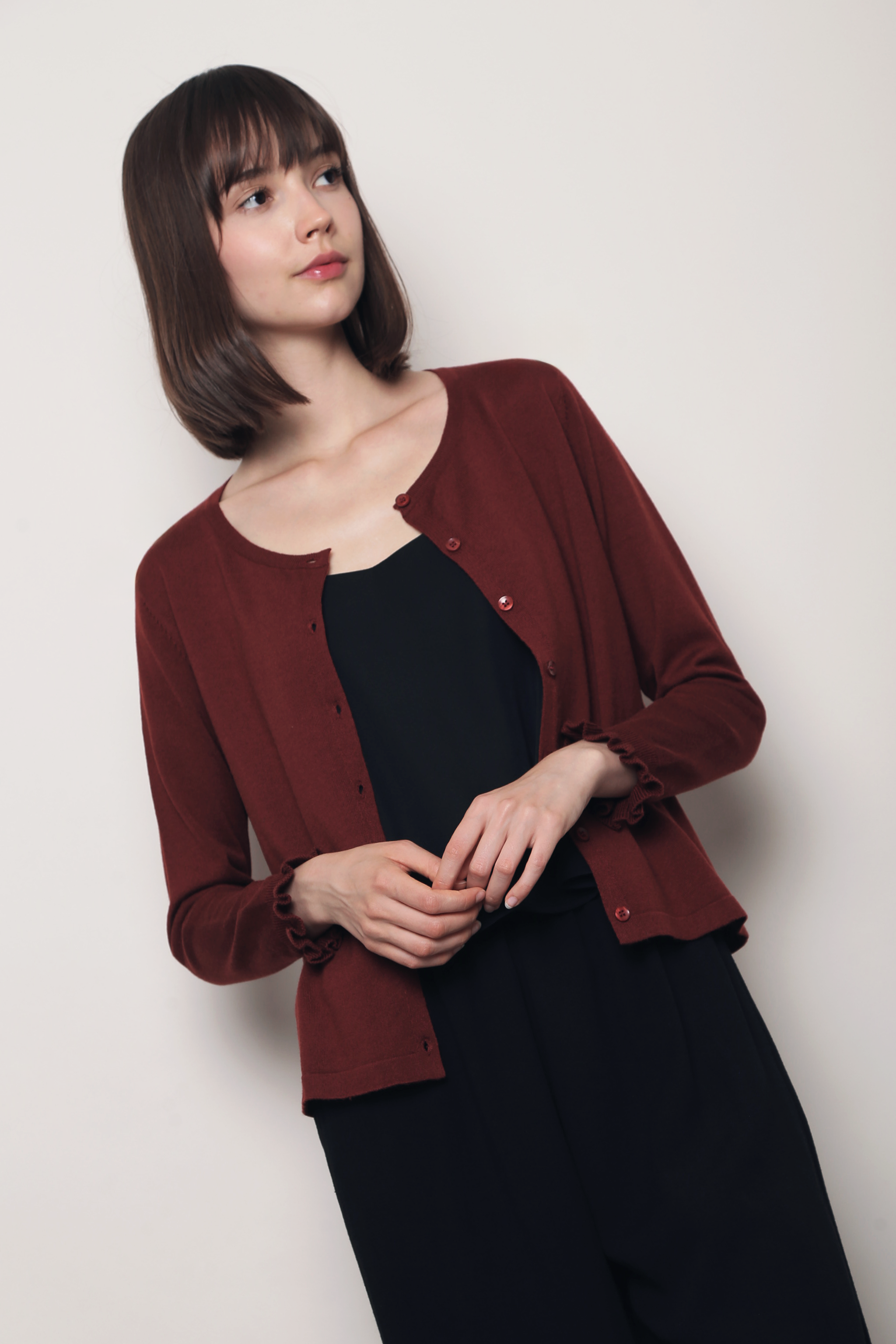Flirty Ruffle Knit Cardigan Mahogany Red