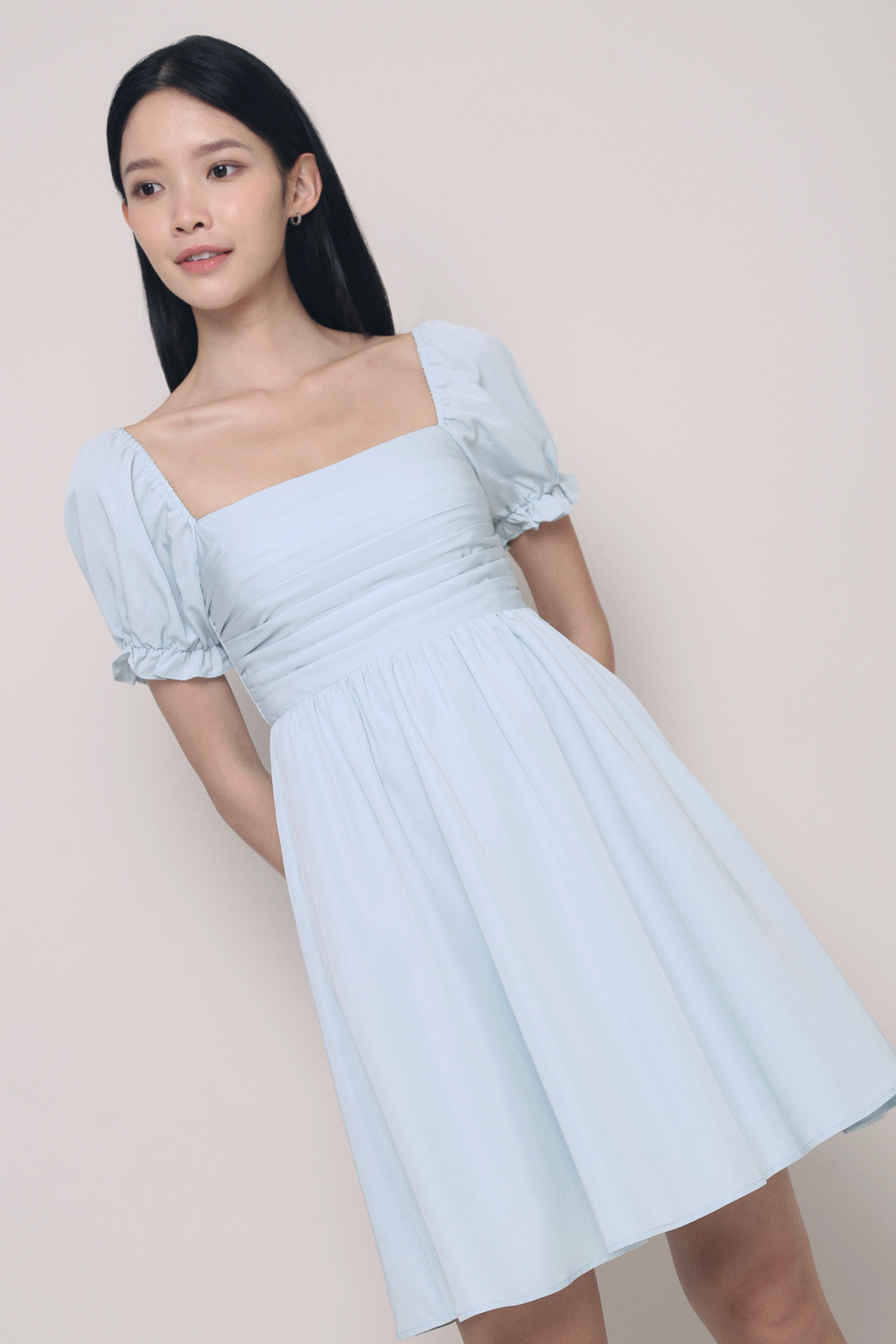 Gweneth Ruche Babydoll Dress Ice Blue