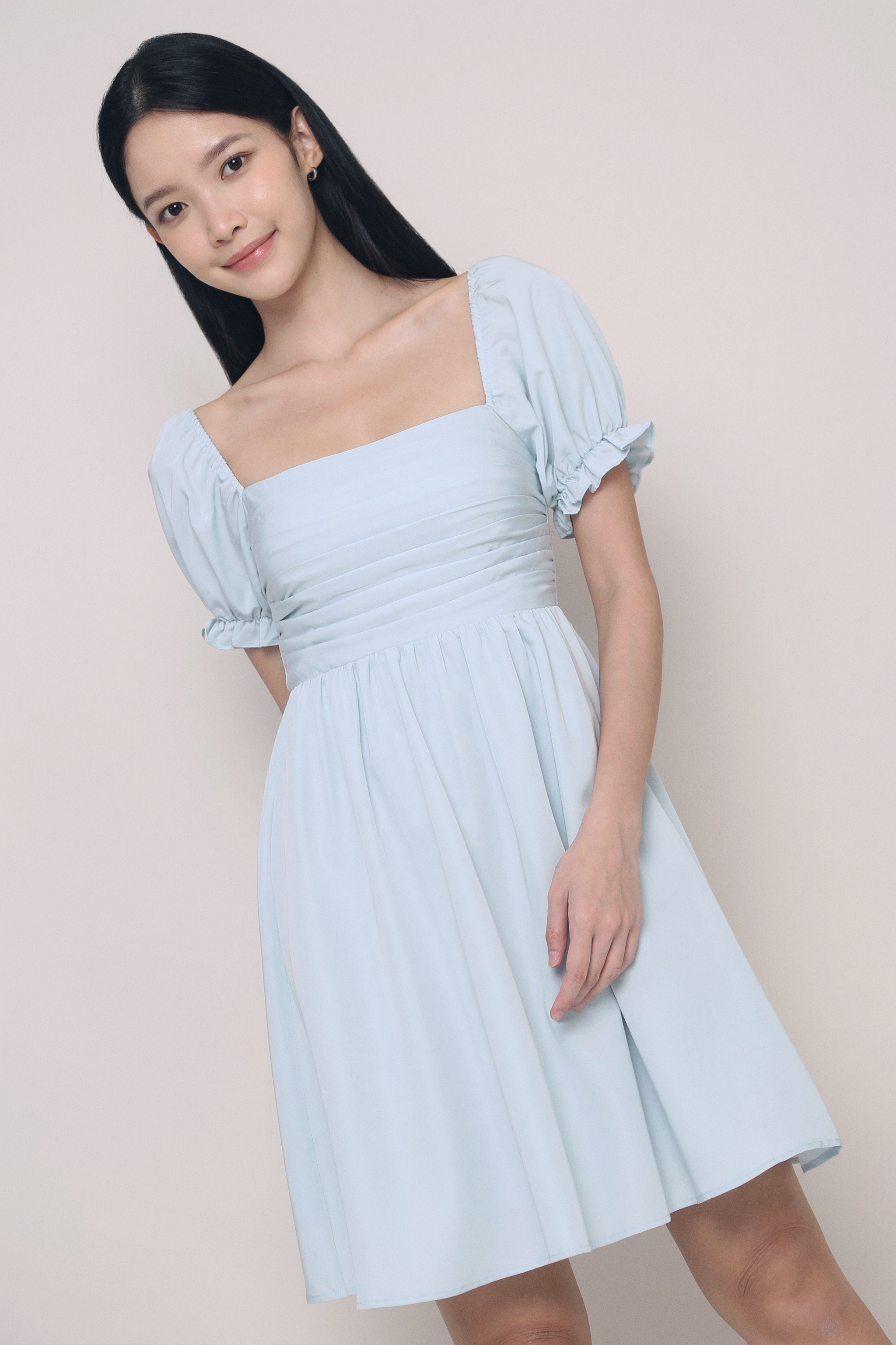 Gweneth Ruche Babydoll Dress Ice Blue
