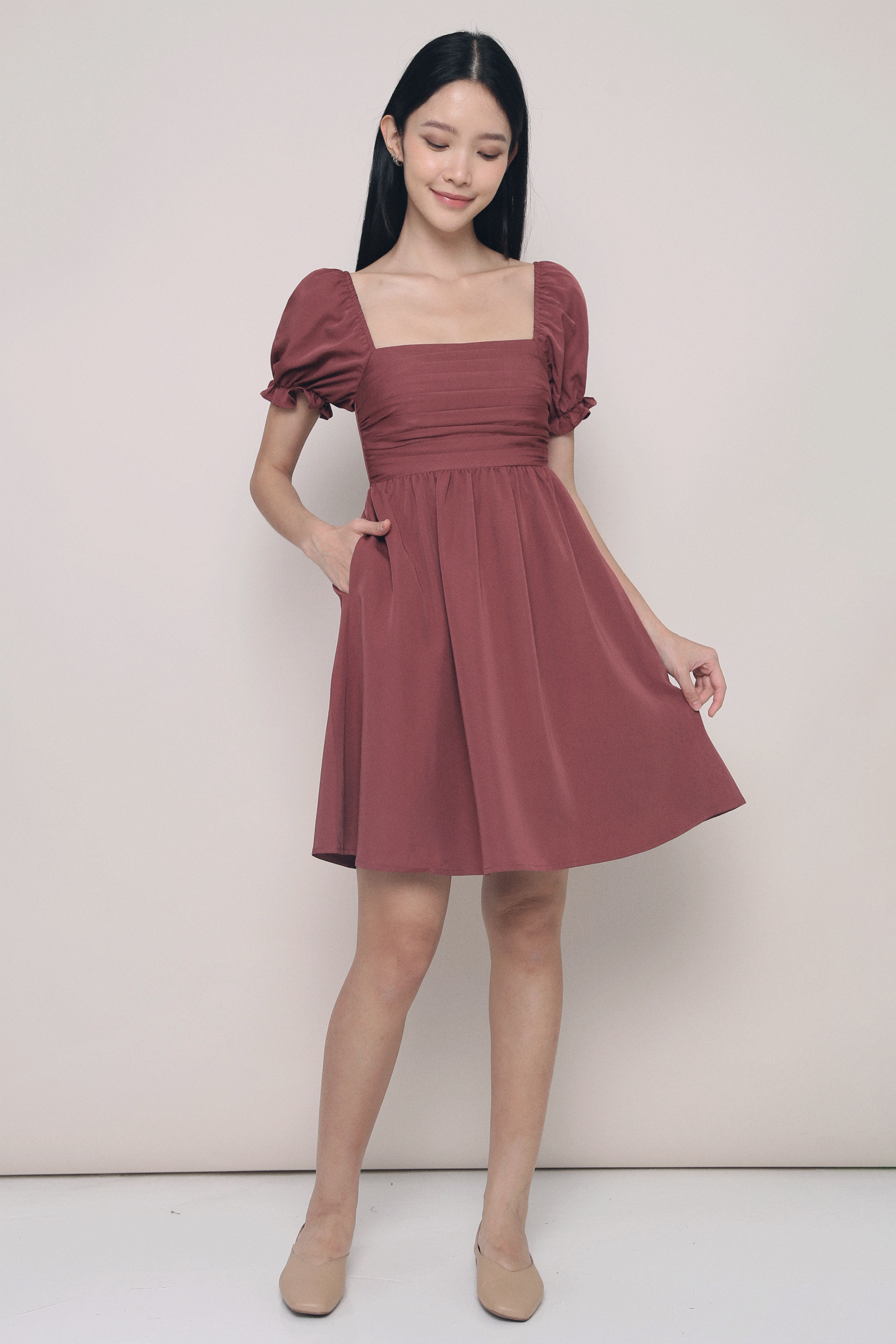 Gweneth Ruche Babydoll Dress Pomegranate