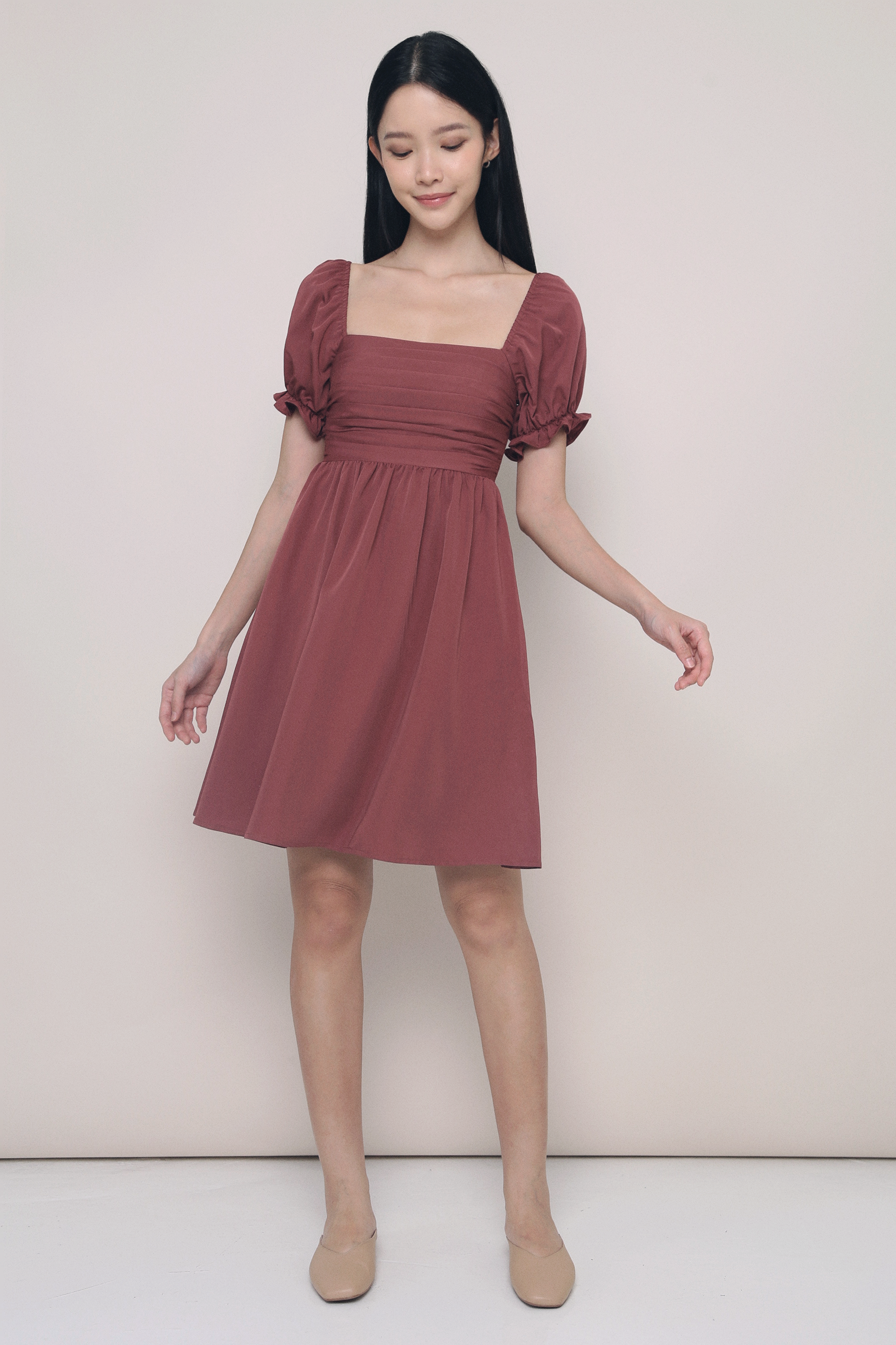 Gweneth Ruche Babydoll Dress Pomegranate